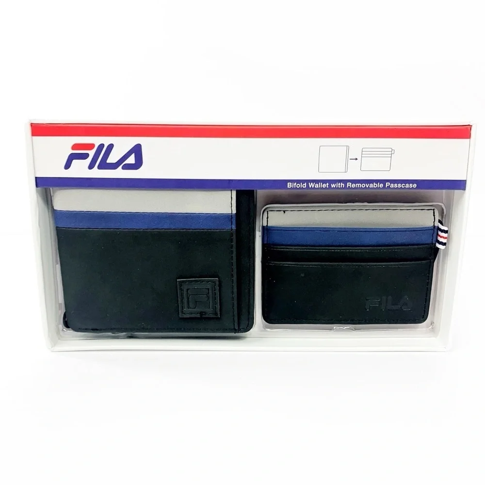 Fila Black Bifold Wallet w/ Blue & Grey Stripe • 9 Card Slots • Gift Box